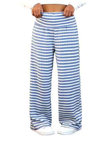Girl's Striped Straight Leg Pants Elastic Waist High Rise Casual Long Trousers