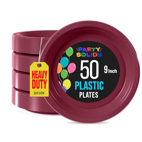 Exquisite Party Solids Burgundy Plastic Plates For Party Supplies 9 Burgundy Disposable Plates Heavy Duty 50 Pcs Plastic Dinnerware Sets Heavy Duty 350 GSM Disposable Dinnerware Set
