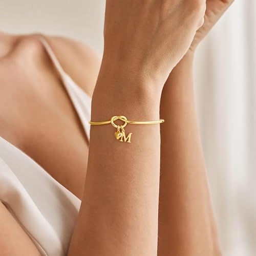 M MOOHAM Bridesmaid Gifts - Bridesmaids Proposal Gifts for Wedding Matron Maid of Honor Gift, Dainty Gold Knot Letter A-Z Initial Bracelet for Women, Personalized Gold Jewelry for Women3