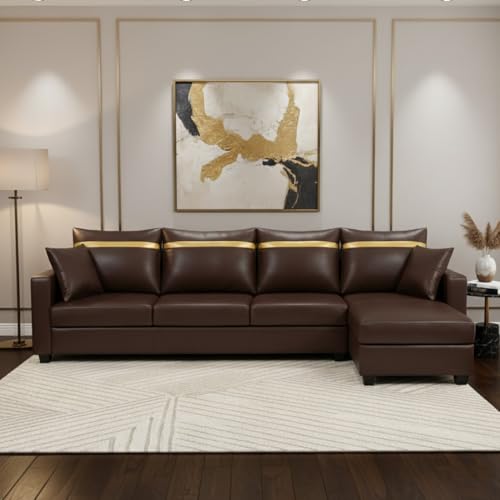 Image of FURNY Arossa 5 Seater Leatherette RHS L Shape Sofa Set (Brown) Premium Finish| Durable Comfort Ideal for Living Room