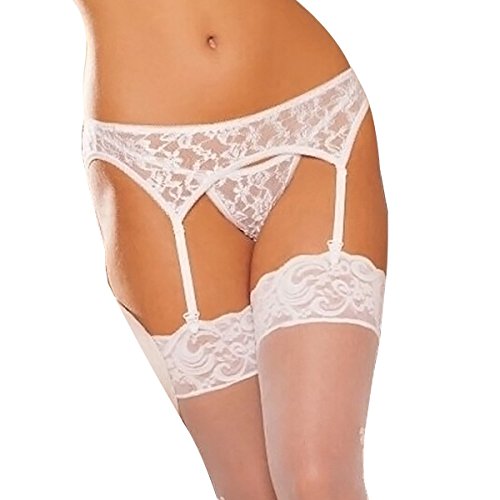 Women Sexy Underwear Lingerie Garter Lace Suspender Belt with G-string +Stockings, White, Small