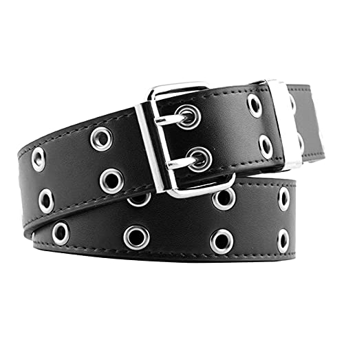 kowaku Double Grommet Belt for Women Men Leather Punk Rock Adjustable Belts Double Prong Buckle Eyelet Hollow Waist Belt - Black, as described