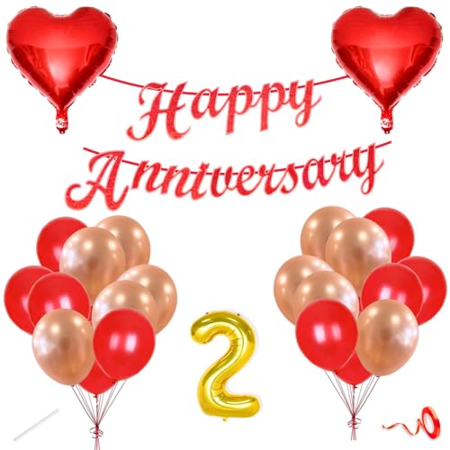 Image of Flyloons 2nd Happy Anniversary Decoration Items Red Rose Gold for Men Women Husband Wife Mom Dad Parent Couple Home Bedroom Car With 20 Pcs Metallic Balloons Anniversary Banner 2 Pcs Heart Set Kit
