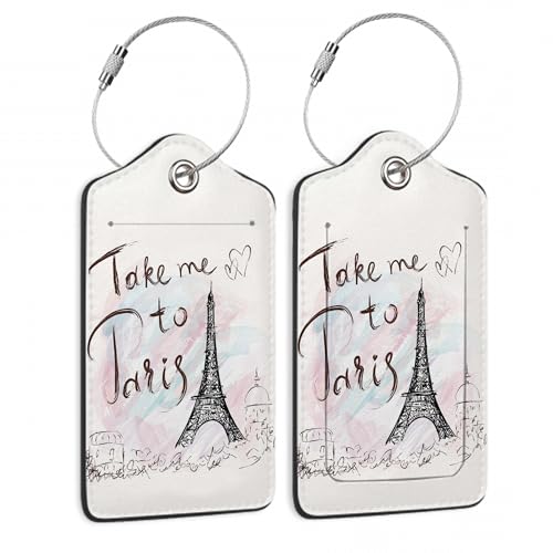 Eiffel Tower Paris 2 PCS Luggage Tags, Privacy Cover ID Label with Stainless Steel Loop and Address Card for Travel Bag Suitcase