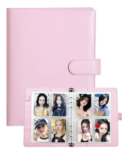 A5 Photo Card Binder with 30 Inner Sleeves (4-pocket and double-sided) 6 Ring 4 Pocket Trading Card Binder PU Leather Card Collect Book with Magnetic Buckle Closure Holding up to 240 Cards (Pink)