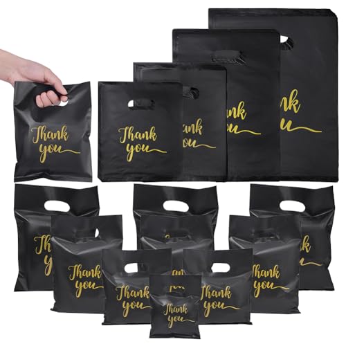 NBEADS 200 Bolsa de Agradecimiento de 4 tamaños, Bolsas de Plástico Negras con Asas para Productos de Agradecimiento para Pequeñas Empresas, Ropa, Tienda, Tiendas Minoristas