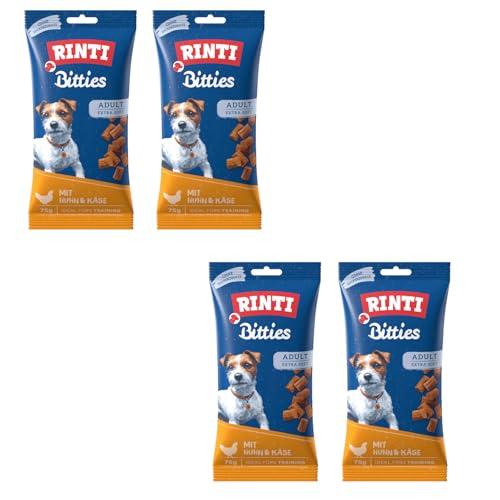 Rinti Bitties Huhn + Käse | 4er Pack | 4 x 75 g | Snack für ausgewachsene Hunde | Extra weich | Ohne Zucker & Soja | Mit wertvollem Omega 3 | Viel frisches Fleisch