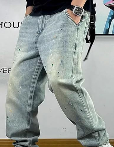 Men’S Streetwear Splash Ink Loose Denim Cargo Pants Slim Fit Full Length Button Fly Light Distressed Wash Trousers4
