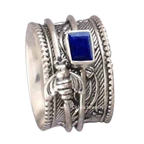 Anillo de meditación Spinner de abeja de miel de plata de ley 925 sólida, anillo de piedra preciosa de zafiro azul natural, anillo de piedra de nacimiento de septiembre hecho a mano único