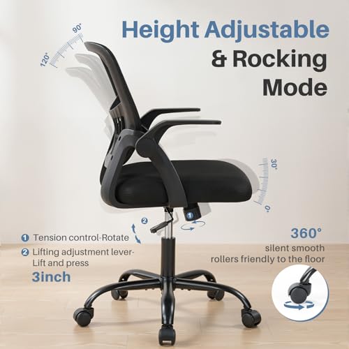 Image of DUMOS Home Office Computer Chair - Ergonomic Mid Back Desk with Lumbar Support and Rocking Mode, Height Adjustable with Flip-up Armrest, for Conference Meeting Room, 360 Swivel, Adults, Black