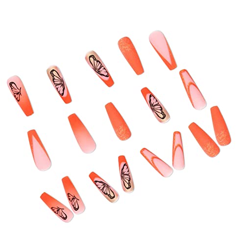 Coffin Butterfly Press On Nails Long, 24Pcs Ballet French Acrylic Fake Nails Full Cover Stick On Nails, Shiny Orange False Nails With Exquisite Design For Women And Girls #TOP3