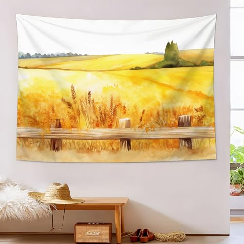 Campo De Trigo En Acuarela Estampado 3D Tapices Con Accesorios Divisor De Habitaciones Tapiz De Pared Paisaje Rural Girasol Amarillo Paño De Pared Decoración Del Hogar De Recámara Tapiz 150X230Cm