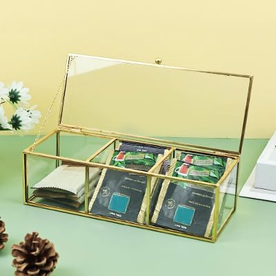 HighFree Caja de té de cristal dorado con 3 compartimentos, caja de almacenamiento para encimera con tapa, vitrina multiusos para bolsas de té,