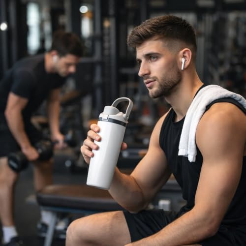 Image of Gym Water Bottle 30oz - Leak Proof Lock Lid, Matte Metallic Finish, Carry Handle, Durable Stainless Steel, Perfect for Workout & Sports (Ice White, 900 ML)