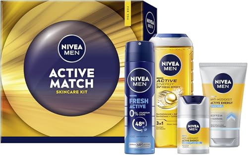 NIVEA MEN Active Match Geschenkset, Geschenk für Männer, Geschenkbox mit Duschgel (250 ml), Deo Spray (150 ml), Feuchtigkeitspflege (50 ml) und Waschgel (100 ml)
