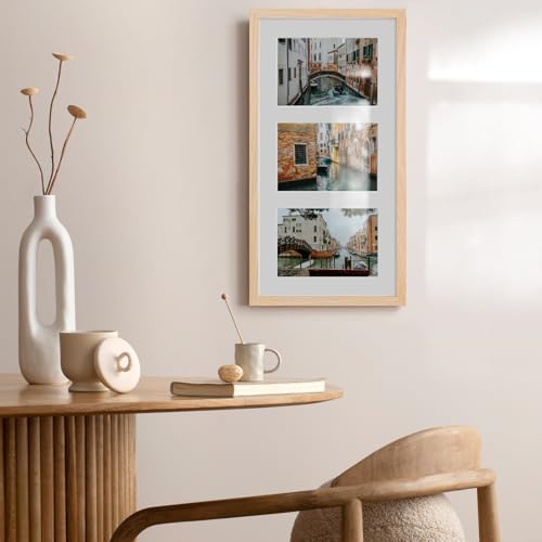 9x18 Oak Wood Picture Frame - 9x18 Photo Frame with Mat Display 3Pcs 5x7 Photos, 5x7 Picture Frame Wood, Natural Solid Wooden Picture Frames for Wall Art Photo and Prints(3 Pack, Beige)