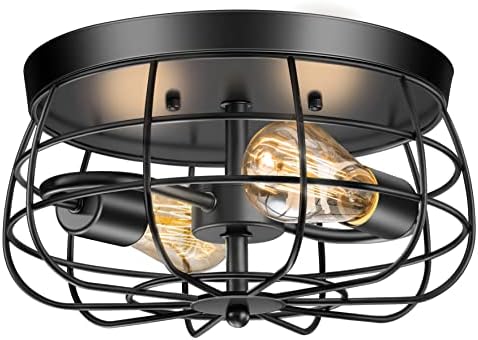 Lomoky 2-Light Farmhouse Ceiling Light Fixtures Flush Mount, Industrial Hallway Ceiling Light, Vintage Black Metal Cage Ceiling Lamp for Living Room, Kitchen, Bedroom, UL Listed