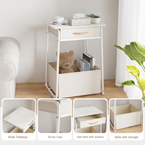 Image of Olldide White Side Table with Storage Basket, End Tables with Fabric Drawer