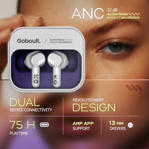 Image of GOBOULT Tenet Pro with ANC TWS Earbuds, 75H Playtime, Amp App Support, 32dB ANC, Quad Mic ENC, Dual Device Pairing, 13mm Driver Ear Buds, Bluetooth 6.0 Wireless Earbuds (Forest White)