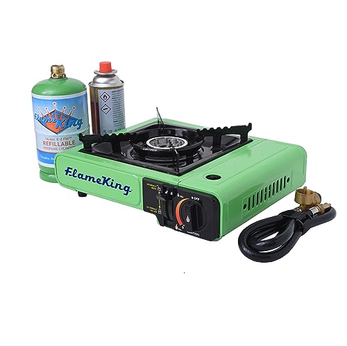 Flame King YSNVT-505 - Estufa de camping de gas butano y propano con un solo quemador, portátil e ideal para cocinar al aire libre, mochileros, rejilla de 8.5 x 8.5 pulgadas