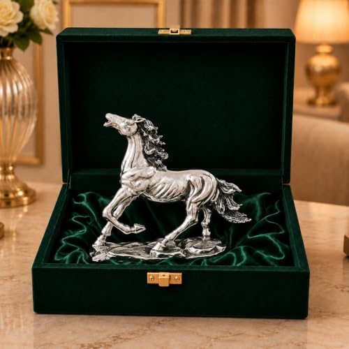 Image of 999 Silver Plated Running Horse Statue, Vastu Home Decor Showpiece for Sucess l Tabletop Gift Item with Gift Box for Decoration & Wedding Gifting