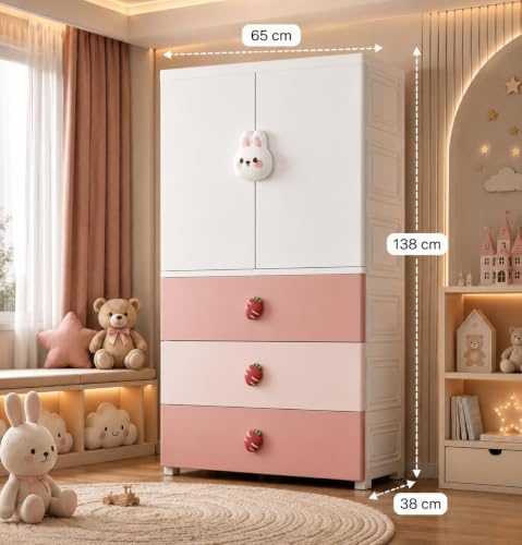 Image of HIWARE Premium Modular Wardrobe for Bedroom, Kids Room and Home | Spacious Clothes Storage Cabinet with Drawers and Shelves | Modern Stylish Design, Heavy Duty, Multiuse Organizer- SJ6514-PINK Rabbit