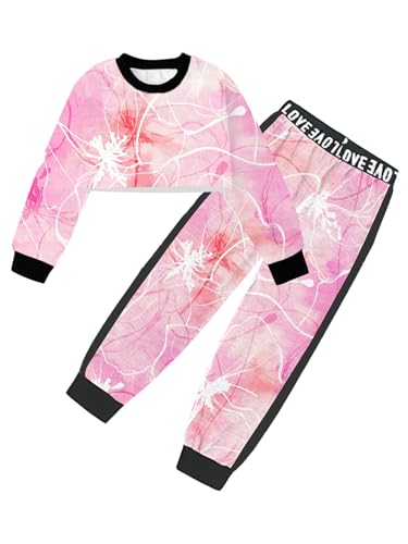 Image of Betusline Girls 2 Piece Outfits Girls Cropped Sweatsuit Pants Outfit Clothes Set, 4T-14 Years