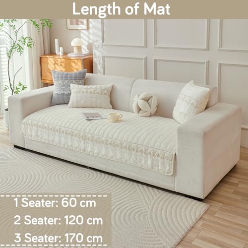 Image of HOKIPO 'BelleLace Series' Imperial Milk Velvet Sofa Cover Mat for 1 Seater Sofa, Lace Design, Pearl White (AR-5962-WHT*1)