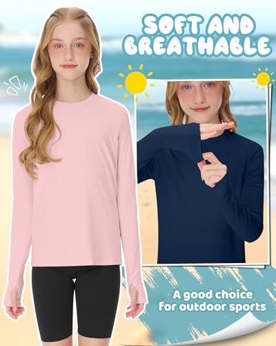 Image of 3 Pack Girls Rash Guard Swim Shirts 5-14Y UV Sun Protection Long Sleeve Thumb Hole Quick Dry T-Shirts UPF 50+ Tees