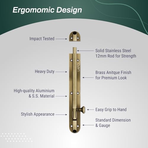 Image of LAPO 4 Pack Heavy Duty Stainless Steel Tower Bolt 8 Inch, Tower Bolt for Main Door and Bathroom, Kundi Door Latch for Bedroom, Chitakni, Tower Bolt for Home,Windows (Antique Finish)