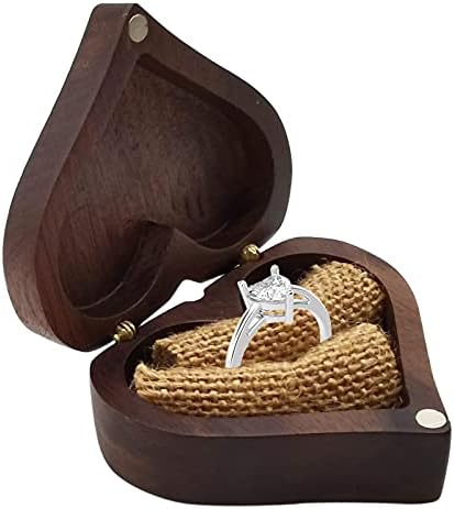 Wooden Ring Box, Jewelry Box Heart Shape Ring Holder Case Ring Box with Cushion for Wedding Proposal Engagement