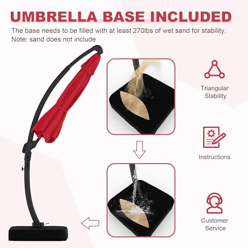 11FT Cantilever Patio Umbrella With Base Included, Cantilevers Outdoor Umbrella Heavy Duty Offset, Aluminium Curved Cantilever Umbrella