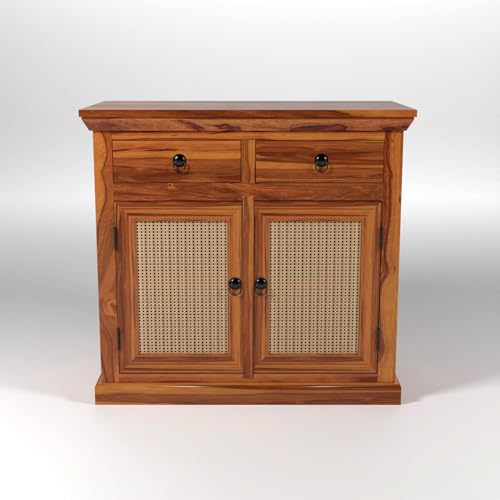 Image of Solid Sheesham Wood Sideboard Cabinet with Cane Woven Doors 2 Rack and 2 Drawers | Wooden Storage Cabinet for Living Room & Dining Room (Honey Finish)