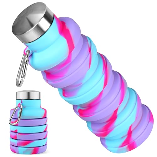 Rotayi Collapsible Water Bottle, 16oz Portable Reusable Silicone Water Bottle, BPA-Free Leak-Proof Foldable Design with Carabiner, Lightweight Durable for Gym, Camping, Hiking, Sportsr-Tie-dye Purple