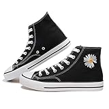 Women's High Top Canvas Shoes Fashion Sneakers Casual Shoes for Walking（Black Daisies.US6）