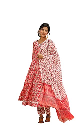 Image of Vaamsi Women's Pure Cotton Floral Printed Anarkali Kurta Set With Dupatta | kurta sets for woman