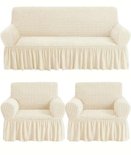 Image of Bails Sofa Cover 5 Seater Fully Covered | Sofa Cover l Shape 7 Seater Fully Covered | Sofa Cover 5 Seater Set | Elastic Bubble Fabric with Frill Sofa Protector Cover (Beige, 5 Seater (3+1+1))