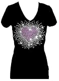 Rockeroo Boutique Pink Heart Burst Angel Wings Rhinestone Womens V Neck Short Sleeve Tee Shirt (M)