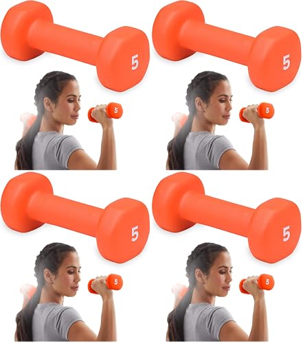 Image of Gaiam Dumbbell Hand Weight (Sold in Singles) - Neoprene Coated Exercise & Fitness Dumbbell for Home Gym Workouts and Strength Training - Free Weights for Women and Men (5lb, Orange) (Pack of 4)