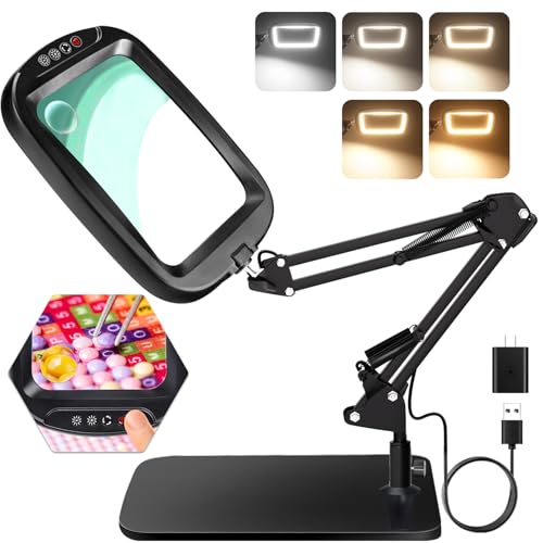 10X 30X Extra Large Magnifying Glass with Light and Stand,7-inch Lighted Magnifier,5 Color Modes Stepless Dimmable,Rectangle Hands-Free Magnifying Glass Desk Lamp for Reading Craft Hobby Close Work