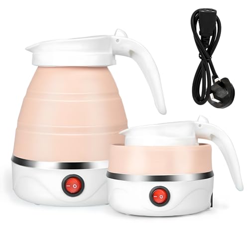 YYAOEMI Foldable Electric Kettle Mini Travel Kettle Portable Fast Boiling 600 ML Collapsible Camping Kettle with Separable Power Cord for Outdoor Hiking Camping Traveling, Pink