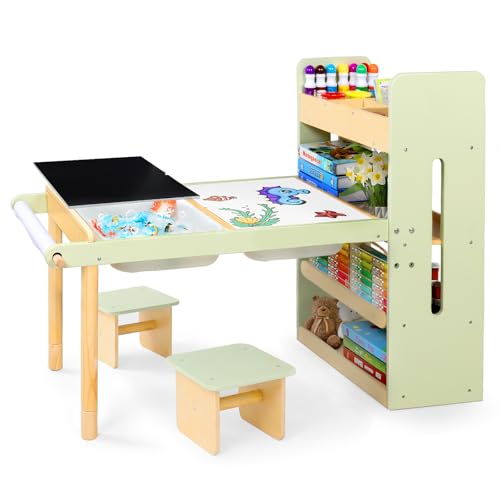LOL-FUN Table Sensorielle pour Enfant avec 2 Petits Tabourets, Cadeau Table en Bois avec 2 Bacs de Rangement pour Garçons et Filles,Table D'activités pour...