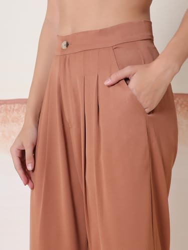 Image of KOTTY Womens Solid Button Brown Wood Casual Pants