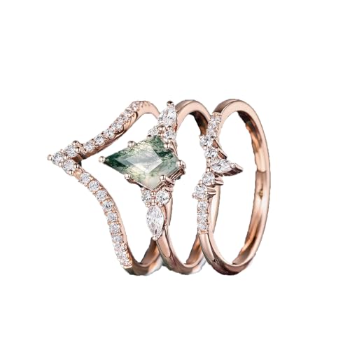 Natural Moss Agate Wedding Ring Sets for Women 10K 14K 18K Gold 1-2 Carats Pear/Heart/Hexagon Cut Moss Agate Moissanite Bridal Set Engagement Wedding Rings Promise Ring for Her Free Engraved4