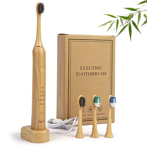 MgcSto Natural Bamboo Electric Toothbrush for Adults - 4 Pack Bamboo Repalcement Brush Heads| 5 Cleaning Modes Long-Lasting Battery| PX7 Waterproof Rechargeable Toothbrush