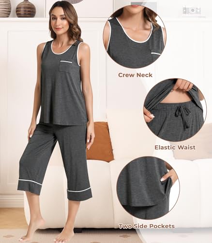 Image of NACHILA Pajamas Set for Women-Viscose Made from Bamboo, Tank Top with Capri Pants Pajama Cool Sleepwear Sleeveless Pjs
