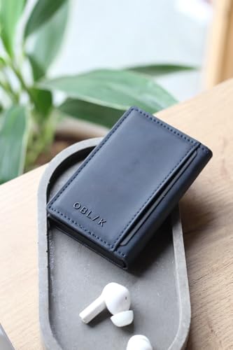 Image of OBLIK Men Premium Faux Suede Leather Essence Wallet Cardholder | Aluminium Quick Card Ejector | Upto 6 Cards and Folded Cash | Minimal Monogramming | (Navy)