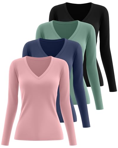 Riyiper 4 Pack Women's Deep V Neck T-Shirts, Long Sleeve Cotton Slim Fitted Tee Tops Casual Fall Basic Tee Shirts2
