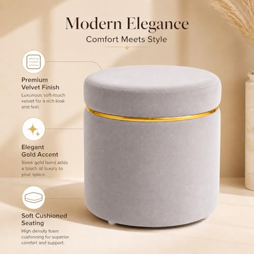 Image of Dence Store Modern Velvet Puffy Ottoman Stool for Living Room | Round Footrest Pouffe with Gold Accent Band | Soft Cushioned Seat for Dressing Table, Bedroom & Home Decor (Set of 2 Silver Grey)