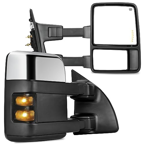 YITAMOTOR Towing Mirrors Compatible With 1999-2007 Ford F250 F350 F450 F550 Super Duty LED Turn Signal Power Adjusted Heated Telescoping Chrome For 99-07 Super Duty Smoke Turn Signal-Silver